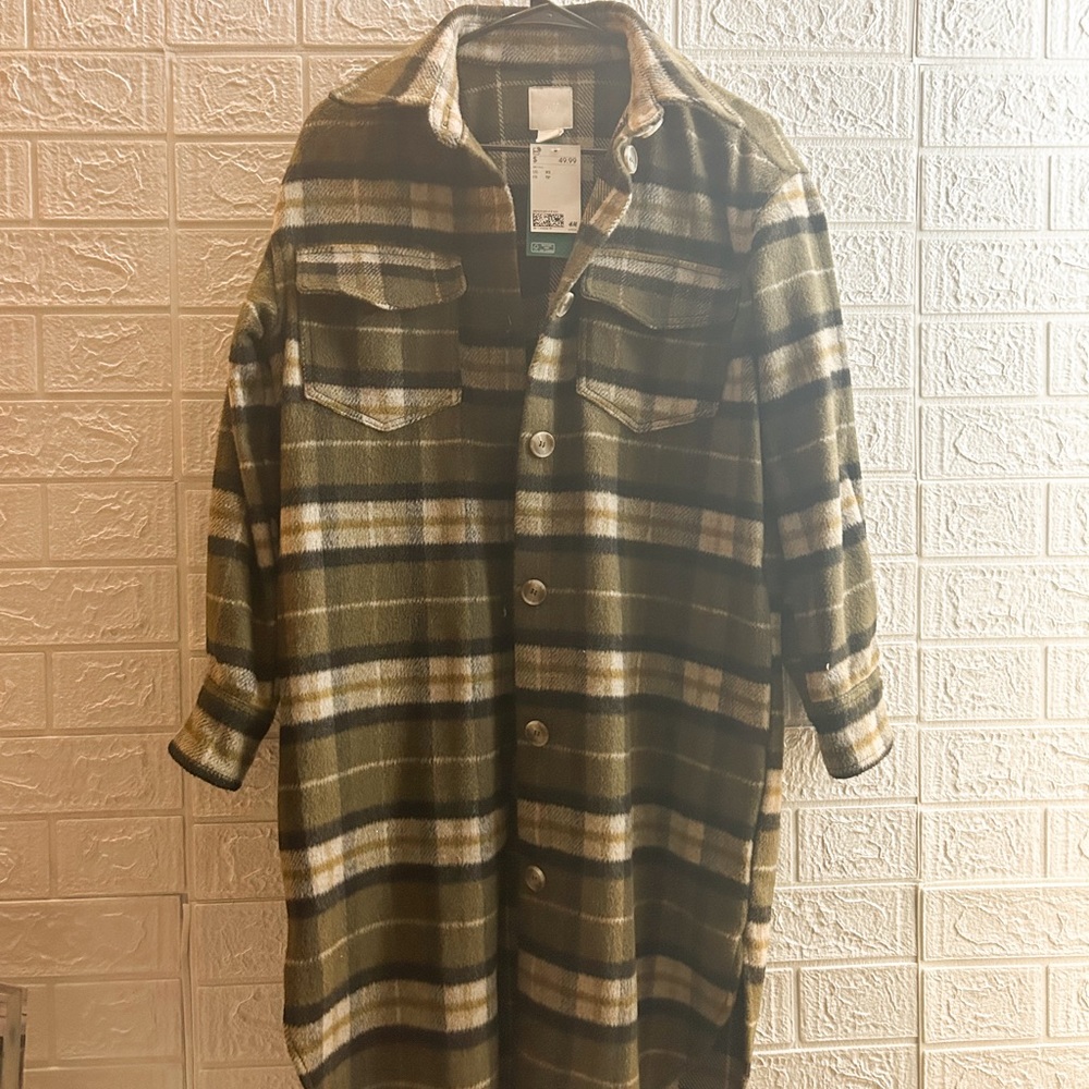 H&M Green Flannel Plaid French Coat